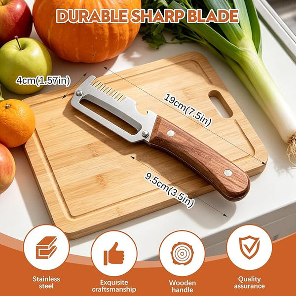 3-in-1 Wood Handle Peeler | Ultra-Sharp Blade + Scallion Shredder + Bottle Opener